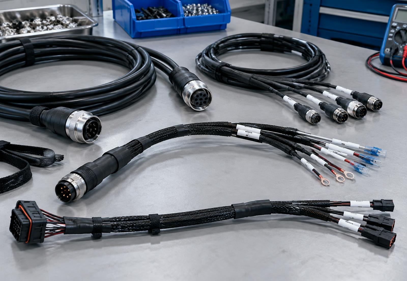 Custom cable assemblies and labeled wire harnesses on a workbench