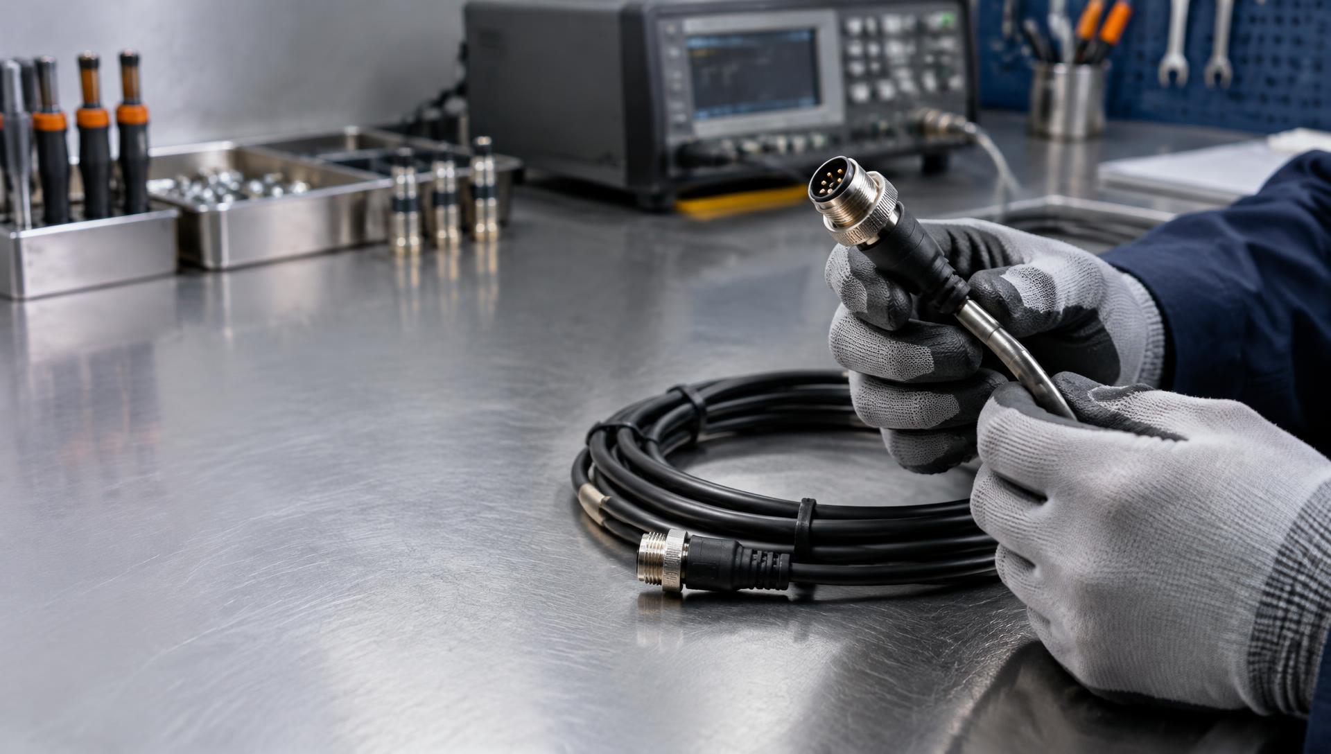 Technician inspecting a custom M12 cable assembly